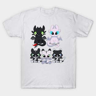 Cute dragon family, baby night fury set, toothless light fury, night lights dragon babies T-Shirt